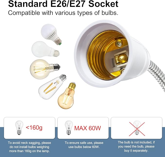 Clip Lamp Holder,Flexible Aluminum Neck Clamp Lights,360°Adjustable Clamp Light Socket,E26/E27 Clamp Light Fixture with 220CM Switch and Plug Cable,Clip Desk Lamp Holder for Study Work Reading,No Bulb