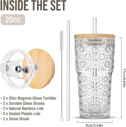 SoulTimes 20oz Begonia Flower Glass Tumbler with Bamboo Lid and Straw–Iced Coffee Glasses Cups for Smoothie, Matcha, Juice, Water etc. Leakproof and Reusable Glassware Drinking for Travel To Go [2Pcs]