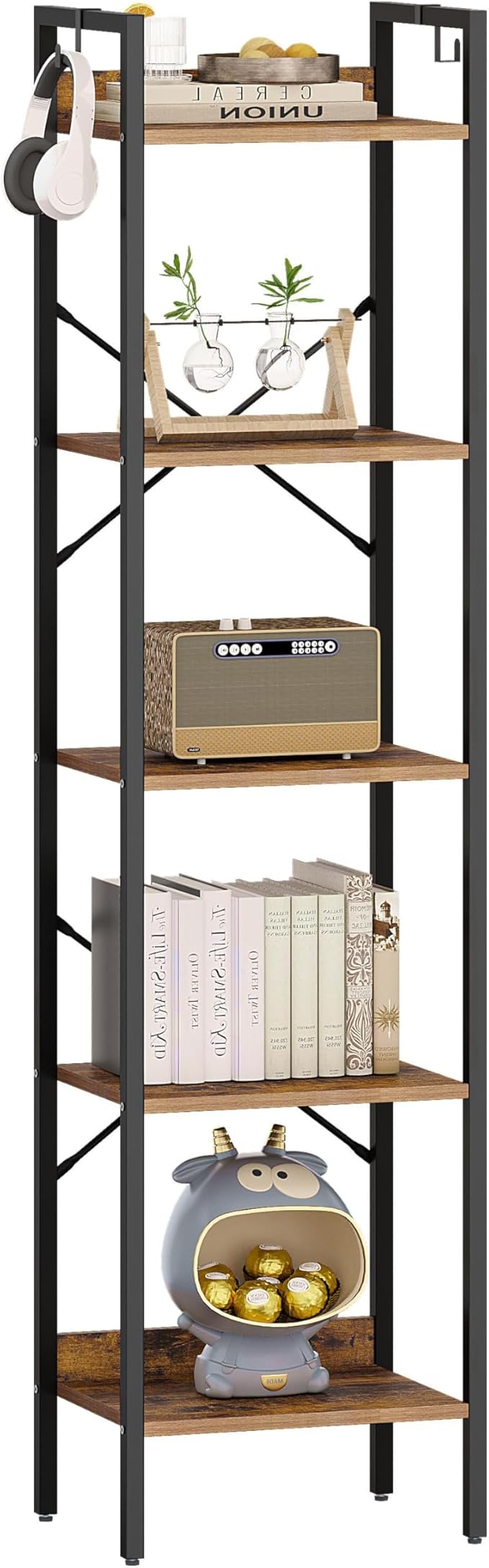 Bookshelf, Book Shelf, Industrial Bookcase with 2 Hooks, Coner Shelf Storage Organizer for Home Office, Living Room, Bedroom, Kitchen, 5-Tier Rustic Brown BC10501B