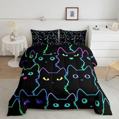 Erosebridal Boys Bedding Cartoon Cat Comforter Set Queen Size,Gradient Line Cute Cat Bedding Set for Kids Teens Girls Adults Room Decor,Lovely Animal Kitten Print Comforter All Season,Rainbow Black