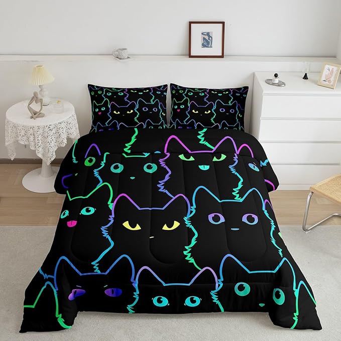 Erosebridal Kids Bedding Cartoon Cat Comforter Set Twin Size,Gradient Line Cute Cat Bedding Set for Teens Boys Girls Adults Room Decor,Lovely Animal Kitten Print Comforter All Season,Rainbow Black