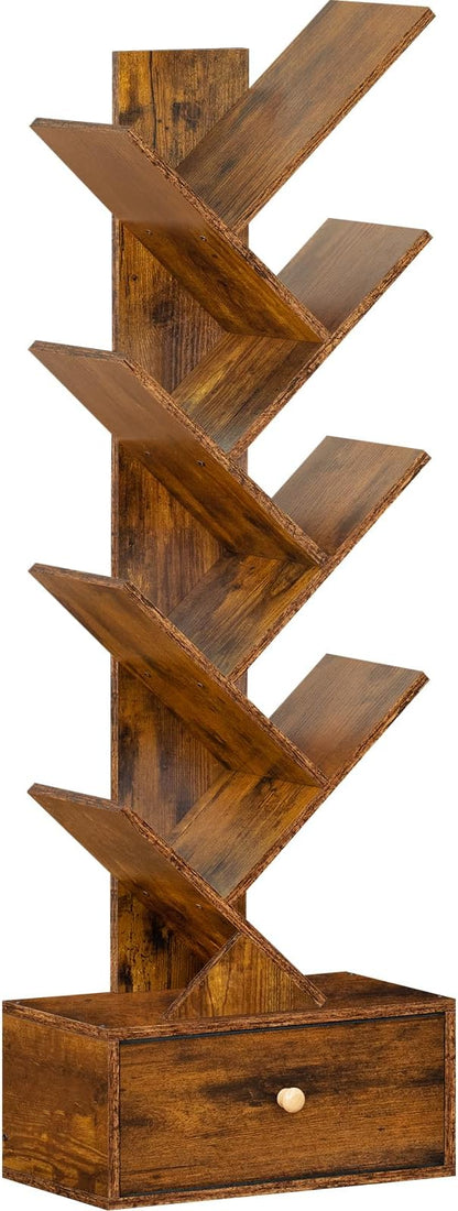 8 Tier Tree Bookshelf with Drawer, Free Standing Wood Bookcase for Narrow Space, Storage Organizer Bookshelves for Books, Book Case for Home Office, Living Room, Bedroom, Rustic Brown