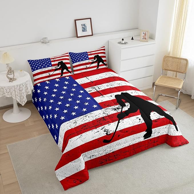 Erosebridal American Flag Comforter Set King, Hockey Bedding Set United States Sports Games Down Comforter for Kids Boys Teens Bedroom, Red White Geometric Stripes Duvet Sets with 2 Pillowcases