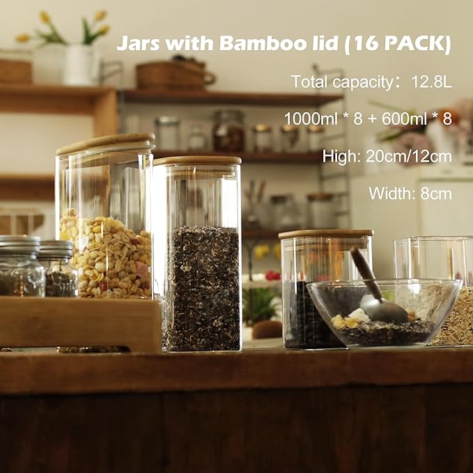 LIBWYS 16-Pack Square Glass Storage Jars with Bamboo Lids (0.6Qt/1.06Qt) | Stackable Dry Food Containers for Pantry Organization, Coffee, Flour, Snacks, Tea, Pasta, Spaghetti | Kitchen Canisters Set