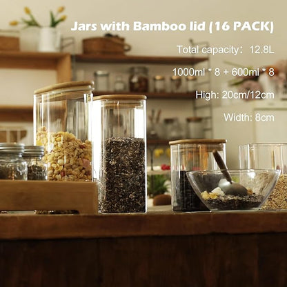 LIBWYS 16-Pack Square Glass Storage Jars with Bamboo Lids (0.6Qt/1.06Qt) | Stackable Dry Food Containers for Pantry Organization, Coffee, Flour, Snacks, Tea, Pasta, Spaghetti | Kitchen Canisters Set