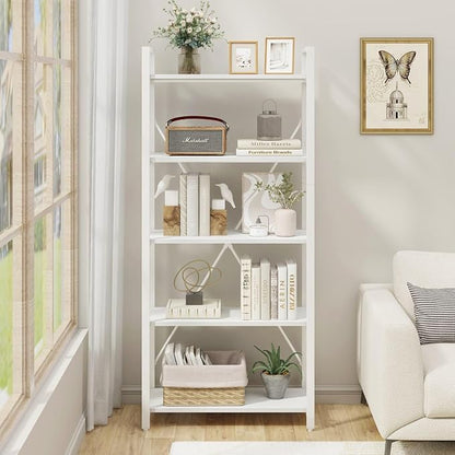FATORRI 5 Tier Bookshelf, Metal and Wood Bookcase, Etagere Book Shelf for Display, Modern Shelving Unit Tall Book case for Home Office, Living Room, Bedroom (White Oak)