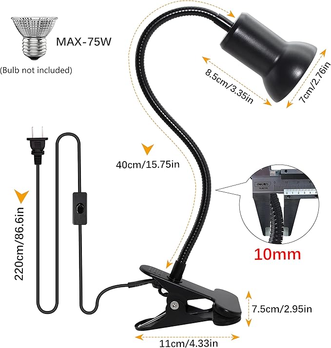Desk Clip Lamp Holder Clamp Clip on Light with 40CM Swing Arm 360 ° Flexible Gooseneck Clip Lamp with 220CM Cable E27 Reading Clip Lamp for Bedroom Turtle Heating Lamps