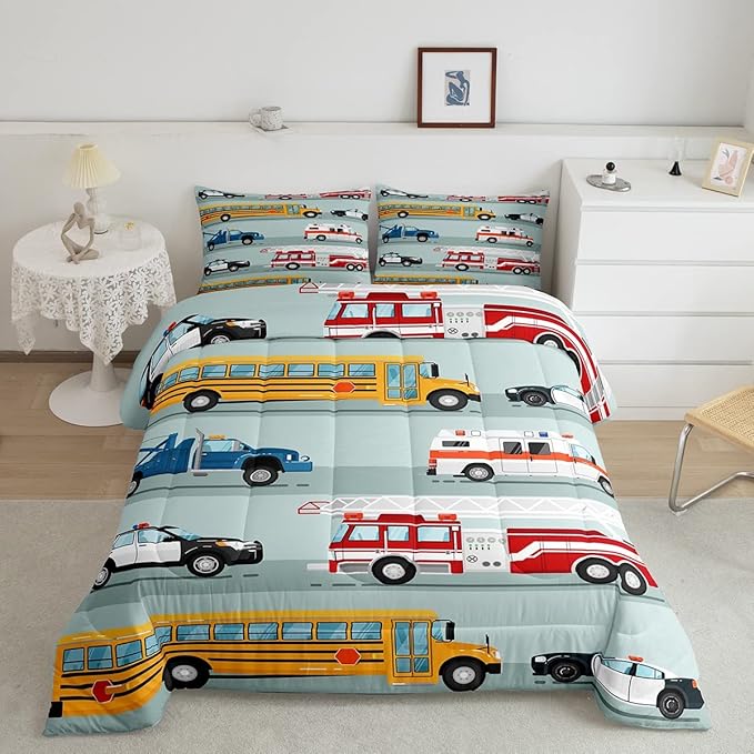 Erosebridal Fire Truck Comforter Set,Police Car Down Comforter Full Size,School Bus Bedding Set for Kids Boys Teens Youth,Equipped Truck Cartoon Vehicle Quilt Duvet Insert Bedroom Dorm Decor 3 Pcs