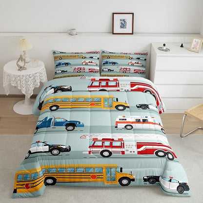 Erosebridal Fire Truck Comforter Set,Police Car Down Comforter Full Size,School Bus Bedding Set for Kids Boys Teens Youth,Equipped Truck Cartoon Vehicle Quilt Duvet Insert Bedroom Dorm Decor 3 Pcs