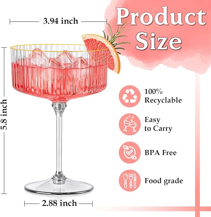 24 Pcs Ribbed Martini Glasses Plastic 10oz Champagne Martini Glasses Espresso Martini Glass Gold Rim Vintage Coupe Glass Margarita Glasses Disposable Clear Glassware Dessert Cup for Christmas New Year