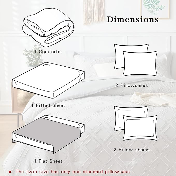7 Pieces Tufted Bed in a Bag King Comforter Set with Sheets Light Grey, Soft and Embroidery Shabby Chic Boho Bohemian, Solid Color with Diamond Pattern, Jacquard Tufts Bedding Set for All Season