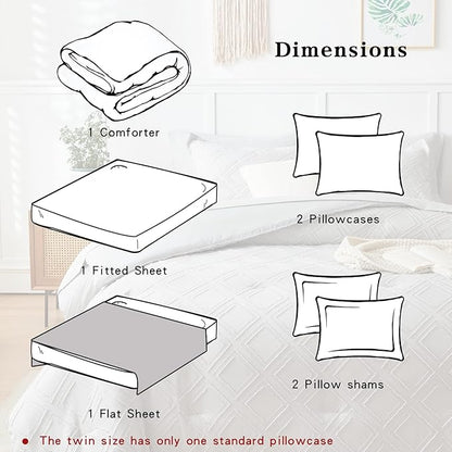 7 Pieces Tufted Bed in a Bag King Comforter Set with Sheets Light Grey, Soft and Embroidery Shabby Chic Boho Bohemian, Solid Color with Diamond Pattern, Jacquard Tufts Bedding Set for All Season