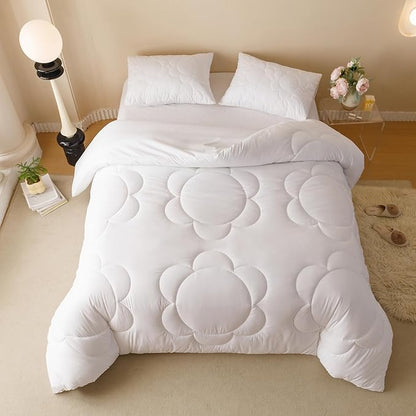 White Flower Comforter Queen White Sunflower Print Bed Queen Comforter Set 3 Pieces White Floral Comforter Set for Women Girls Bedroom Decor All Season Hotel Quality Comforter Set