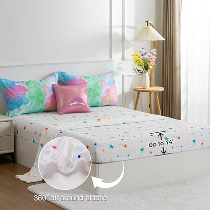 A Nice Night Galaxy 6pcs Kids Bed in a Bag Outer Space Comforter 3D Printed Space Quilt Set Glitter Pink Green Color,for Children Boy Girl Teen Kids,Twin