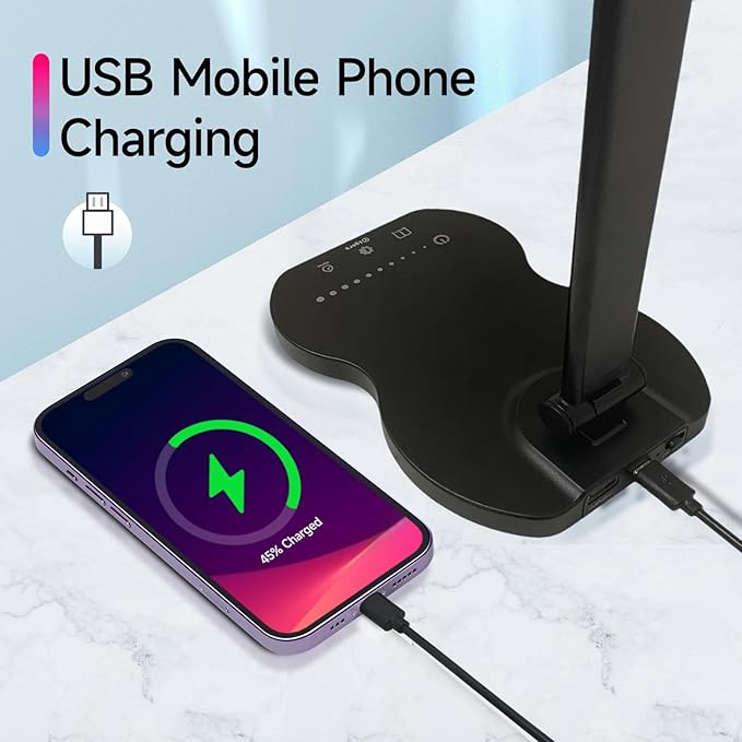 Led Desk Lamp with USB Charging Port, 5 Lighting Colors & 10 Brightness Reading Lamp, Foldable Dimmable LED Desk Light, 3000-6500K, Violin Shape Black Lamp Desk Lamps for Home Office