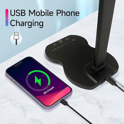 Led Desk Lamp with USB Charging Port, 5 Lighting Colors & 10 Brightness Reading Lamp, Foldable Dimmable LED Desk Light, 3000-6500K, Violin Shape Black Lamp Desk Lamps for Home Office