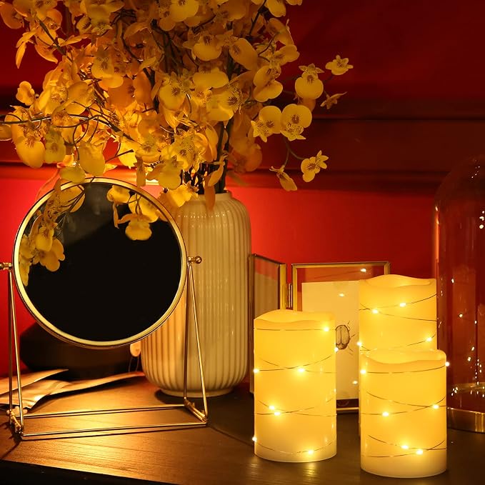H-BLOSSOM Flickering Flameless Candles Ivory Real Wax Pillar with Embedded String Lights LED Candles Battery Operated with Cycling 5H Timer Set of 3 (3" x 4"/5"/6") (Ivory)