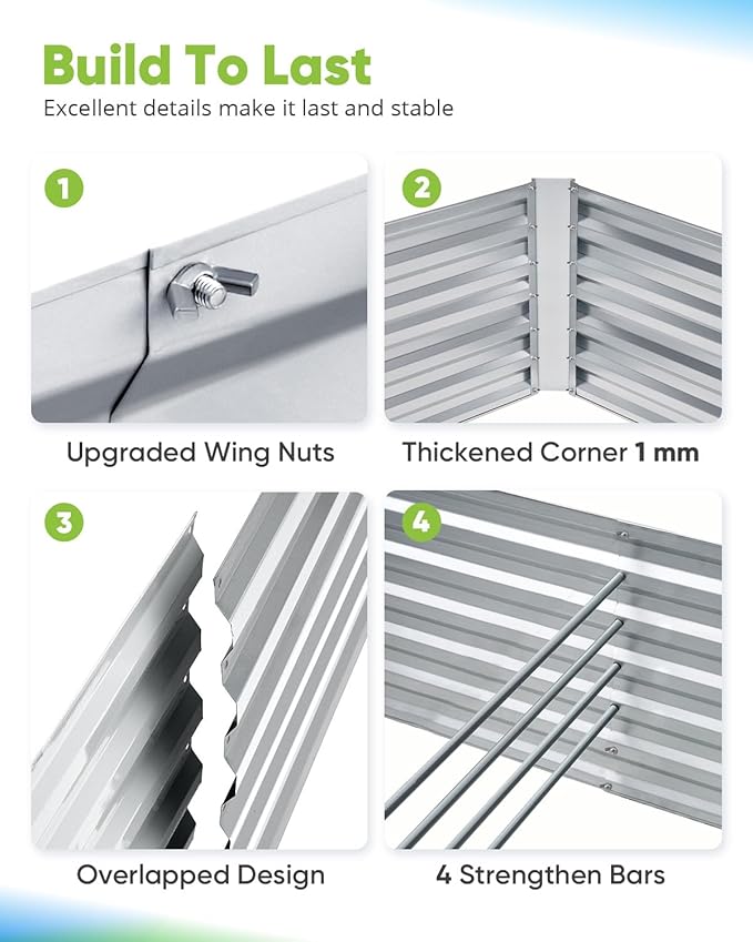 Quictent Galvanized Raised Garden Bed 6x3x2 Ft Metal Planter Box Bottomless for Backyard, Include 1 pc Tomato Cage, Silver