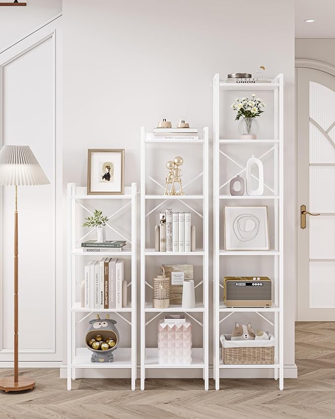 Bookshelf, Book Shelf, Industrial Bookcase with 2 Hooks, Coner Shelf Storage Organizer for Home Office, Living Room, Bedroom, Kitchen, 5-Tier White BC10513W