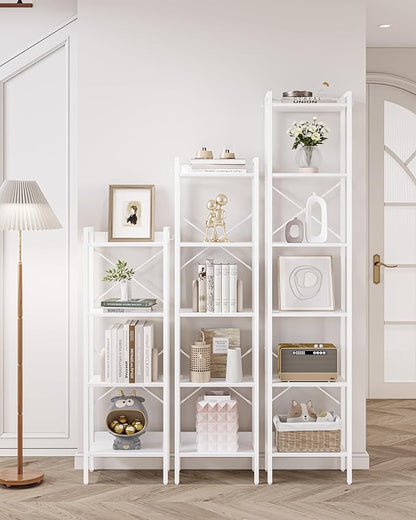 Bookshelf, Book Shelf, Industrial Bookcase with 2 Hooks, Coner Shelf Storage Organizer for Home Office, Living Room, Bedroom, Kitchen, 5-Tier White BC10513W