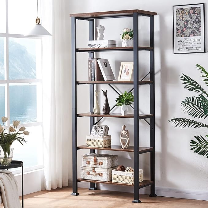 HOMBAZAAR Bookshelf, 6-Tier Vintage Industrial Book Shelf, Rustic Wood and Metal Bookcase and Bookshelves, Free Standing Storage Large Bookshelf for Living Room, Bedroom and Kitchen, Brown