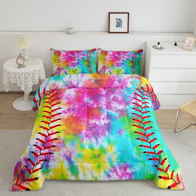 Feelyou Kids Baseball Comforter Boys Girls Softball Sports Game Comforter Set Girly Colorful Tie Dye Bedding Set Teens Men Baseball Gaming Quilt Set Rainbow Room Decor King Size for All Season 3Pcs