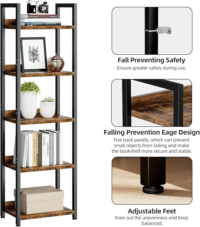 NUMENN Narrow Bookshelf, 5 Tier Bookshelves, Home Office Bookcase Shelf Storage Organizer, Free Standing Storage Shelving Unit for Bedroom, Living Room and Home Office, Vintage