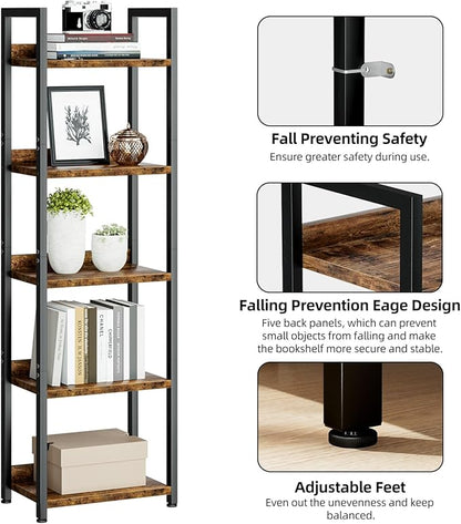 NUMENN Narrow Bookshelf, 5 Tier Bookshelves, Home Office Bookcase Shelf Storage Organizer, Free Standing Storage Shelving Unit for Bedroom, Living Room and Home Office, Vintage