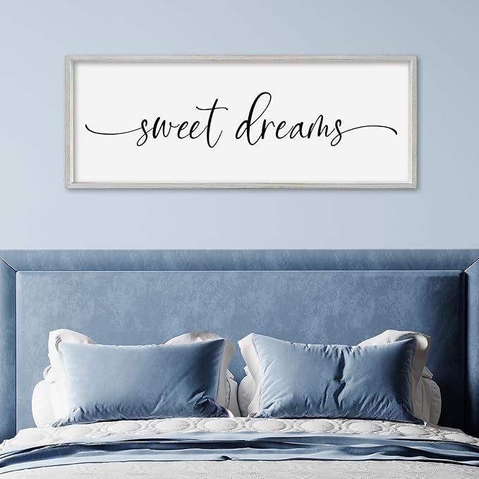 SRSZHIYUE Sweet Dreams Above Bed Wall Decor, 32"x12" Large Rustic Master Bedroom Over Bed Sign Guest Room Couples Wood Framed Farmhouse Horizontal Hanging Decoration (White)