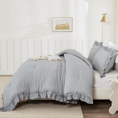 Andency Silver Gray Twin Size Comforter, 2 Pieces Farmhouse Classic Chic Ruffle Comforter for Kids, Lighteweight Soft Microfiber Bedding Set for Girls(1 Ruffle Comforter and 1 Pillowcase)