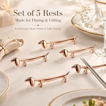 ChezMax Pack of 5 Zinc Alloy Chopsticks Spoon Forks Knives Tableware Rest Set,Rose Gold Dogs