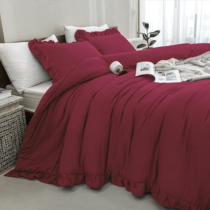 Andency Burgundy Twin Size Comforter Set for Kids Girls, 2 Pieces Solid Shabby Chic Ruffle Bedding Comforters & Sets, Soft Cozy Lightweight Down Alternative Twin Bed Set for All Season