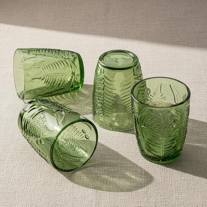 Green Drinking Glasses Set of 8, 10 oz Glass Cups, Vintage Fern Glassware | Hand-Pressed, Dishwasher Safe, Boho Leaf-Textured Drinkware, Colored Embossed Lowball Tumblers for Water, Retro Kitchen Gift