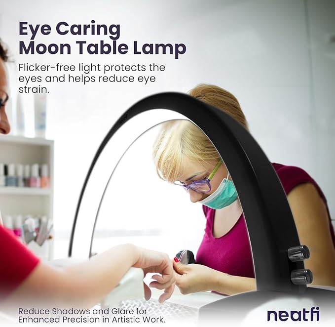 Neatfi Half Moon LED Table Lamp for Estheticians, Nail Tech, and Cosmetician, 1600 Lumens, Dimmable, 3 Light Modes, 40W, 2700K-5600K, Nail Art, Facial, Waxing, Threading, Tattoo (Modern, Black)