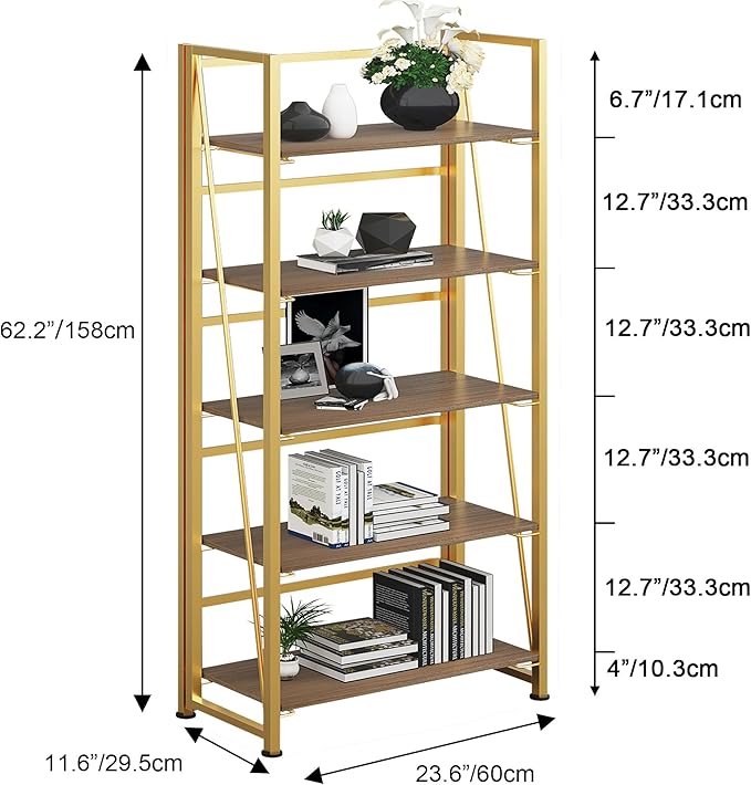 No-Assembly Folding Gold Bookshelf Storage Shelves 5 Tiers Vintage Multifunctional Plant Flower Stand Storage Rack Shelves Bookcase for Home Office