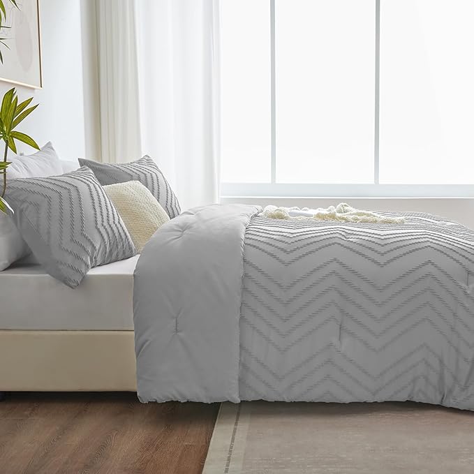 CozyLux Full Size Comforter Set Light Grey - 3 Pieces Boho Tufted Shabby Chic Bedding Comforter Set for All Seasons, Chevron Bedding Sets with Comforter & 2 Pillow Shams