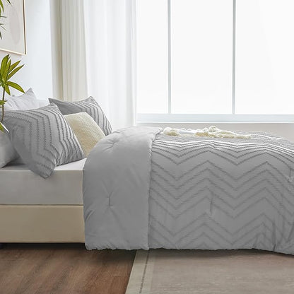 CozyLux Full Size Comforter Set Light Grey - 3 Pieces Boho Tufted Shabby Chic Bedding Comforter Set for All Seasons, Chevron Bedding Sets with Comforter & 2 Pillow Shams