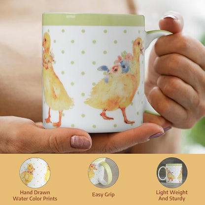 Maison d' Hermine Coffee Mug with Handles Tea Cups (15 Ounce, Pack of 1) | Fine Bone China Coffee Mugs for Hot Beverages Cappuccino Latte Home Spring Summer -Ducklings In Spring - Happy Ducklings