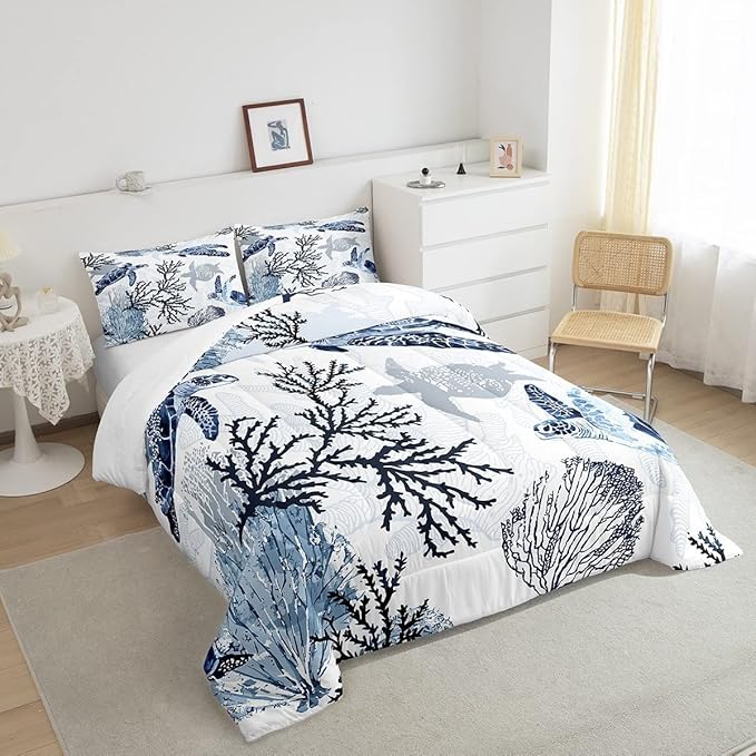 Turtle Comforter Set King,White Blue Hawaiian Turtle Bedding for Kids,Reptile Tortoise Quilt Duvet Set Coastal Beach Theme Comforter Retro Sea Turtle Bed Set for Boys Girls Bedroom Decor(Marine life)