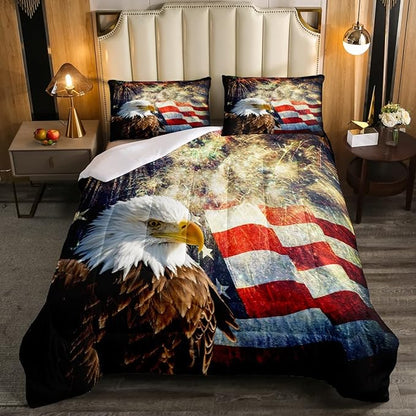 Erosebridal American Flag Comforter Eagle Room Decorative Comforter Set Twin Size Firework Bedding Set Wildlife Animal Bird Down Comforter Soft Lightweight Quilt Set with 1 Pillowcase