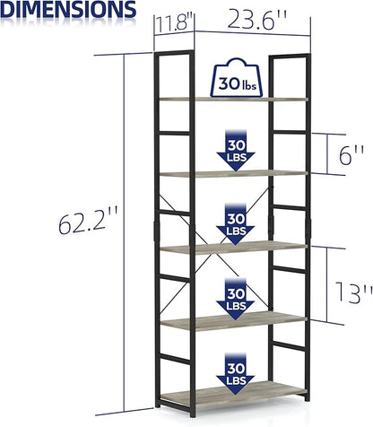 NUMENN 5 Tier Bookshelf, Tall Bookcase Shelf Storage Organizer, Modern Book Shelf for Bedroom, Living Room and Home Office, Grey