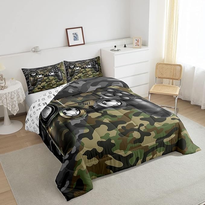 Feelyou Kids Gamer Comforter Set Camouflage Gaming Bedding Set for Boys Teens Bedroom Green Black Camo Video Game Decor Comforter Gamer Console Quilt Set Twin Size Duvet Quilted 2Pcs