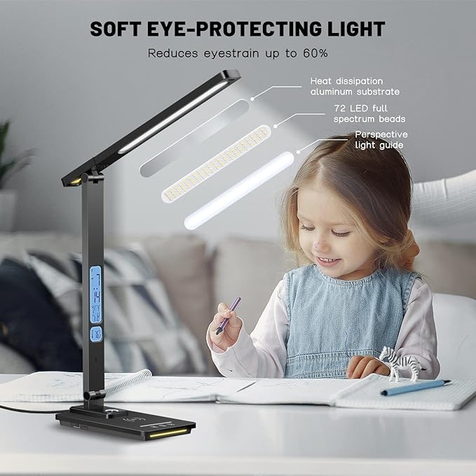Led Desk Lamp with Wireless Charger, Desk Lamps for Home Office with Clock, Alarm, Date, Temperature | Desk Light with Night Light, 45 Min Auto Timer | Touch Control Smart Lamp for College, Dorm