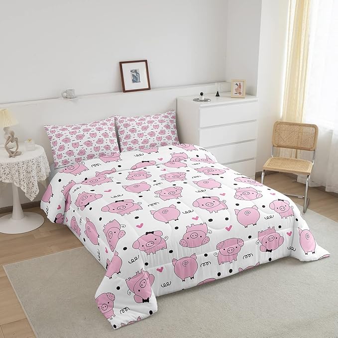 Erosebridal Pink Pig Comforter Set for Girls Kawaii Room Decor King,Cute Pigs Bedding Set for Kids Boys Children Farm Animal Quilted Duvet Sets Cartoom Style Soft Lightweight Down Comforter 3 Pcs