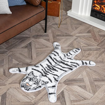 Tiger Shaped Bathroom Rug Animals Bath Mat Rug Non-Slip Bathroom Door Mat for Bedroom Bathroom Kitchen Cartoon Rug for Bathroom Tub Soft Bathmat Home Decor (65x98cm/25.6x38.6in) White