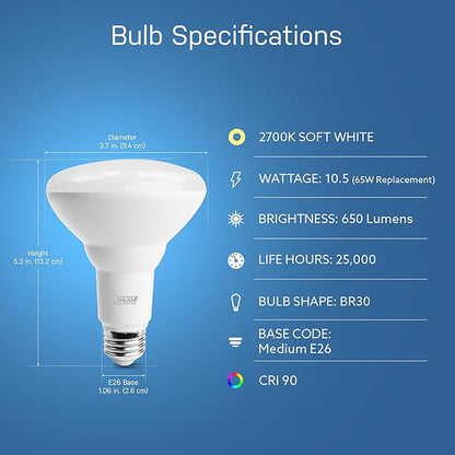 Feit Electric BR30/927CA/AG 65W Equivalent WiFi Dimmable, No Hub Required, Alexa Google Assistant BR30 Smart LED Light Bulb, 5" H x 3.72" D, 2700K Soft White