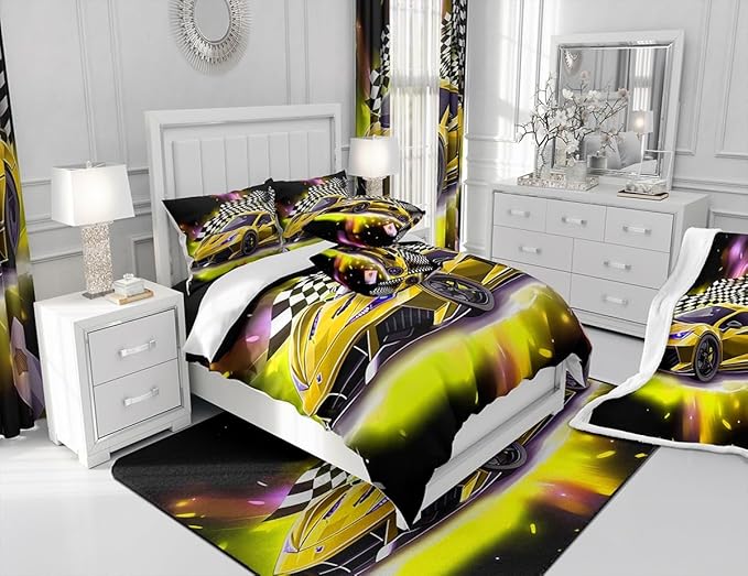 Yellow Sports Car Comforter Sets Full Size, Boys Race Car Bedding for Teens Girls Adult Extreme Speed Race Car Duvet Sets Black and White Grids Print Car Theme Bedroom Decor Quilts