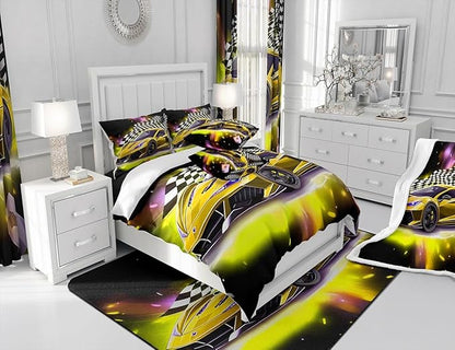 Feelyou Yellow Sports Car Comforter Sets Twin Size, Boys Race Car Bedding for Teens Girls Adult Extreme Speed Race Car Duvet Sets Black and White Grids Print Car Theme Bedroom Decor Quilts