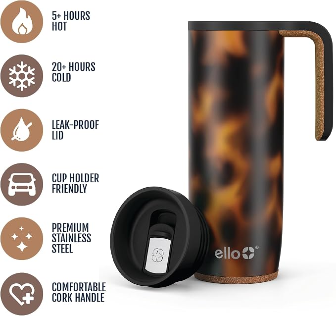 Ello Magnet 18oz Vacuum Insulated Stainless Steel Travel Mug with Side Handle and Leak-Proof Slider Lid and Built-in Coaster, Keeps Hot for 5 Hours, Perfect for Coffee or Tea, BPA-Free