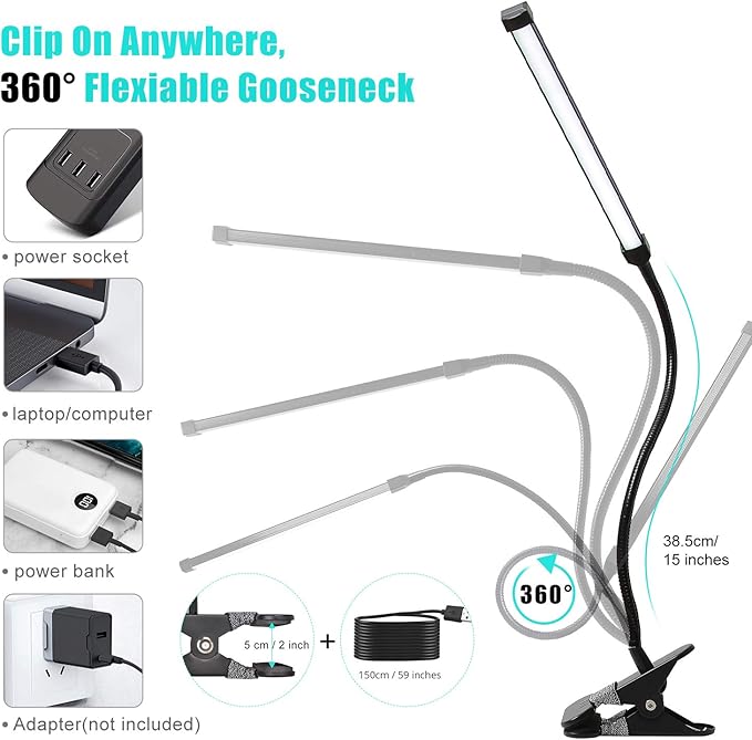 Morw Winmor Led Clip On Desk Lamp,3 Color 11 Brightness,64 LED 10W Book Reading Light,USB Plug,Stepless Dimmer Auto Off,Clamp Desk Lights for Bedside Computer Home Office